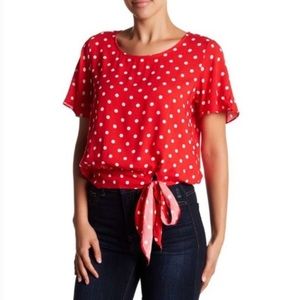 SOCIALITE Red White Polkadot Front Tie Blouse S